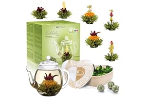 Creano Set Regalo Fiori di Tè – Miscela di 6 Tè Verdi con Fiori in Elegante Scatola di Legno + Teiera in Vetro 500ml