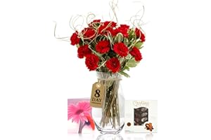 Sendabunch Luxury Red Carnation Bouquet with Free Box of Belgian Chocolates - 18 Fresh Stems with Seasonal Greenery, Message Card - UK Flower Delivery for Valentines Day, Birthdays & Special Occasions
