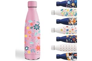 GRSTA Gourde, 500ml Gourde Isotherme, avec des Fleur, Facile à Nettoyer, Gourd Enfant Sans BPA, Facile à Transporter, Bouteille d'eau pour École, Bureau, Voyage, Sports, Running, Rose