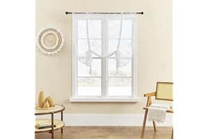 MIFXIN White Retro Lace Voile Curtains Soft Pom Pom Net Curtains for Windows Faux Linen Eyelet Short Sheer Curtain Panel for Bedroom Living Room Patio Door (White lace, 100 * 140cm)