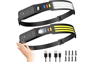 Lsnisni Lampada Frontale Strisce, 3 LED 230° Angolo Ampio, 2 Pezzi, 1000 Lux USB-C Ricaricabile, Sensore Movimento, Torcia Testa 5 Modalità, Impermeabile IPX4 per Campeggio, Jogging, Pesca