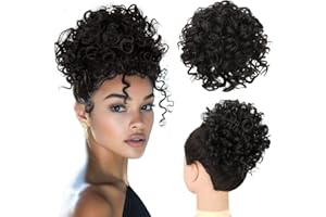 PORSMEER Chignon Postiche Cheveux Grande Postiches Bouclés Ondulés Cheveux Naturel Africain Puff Queue de Cheval Drawstring Extension de cheveux Noir naturel pour Femmes Fille