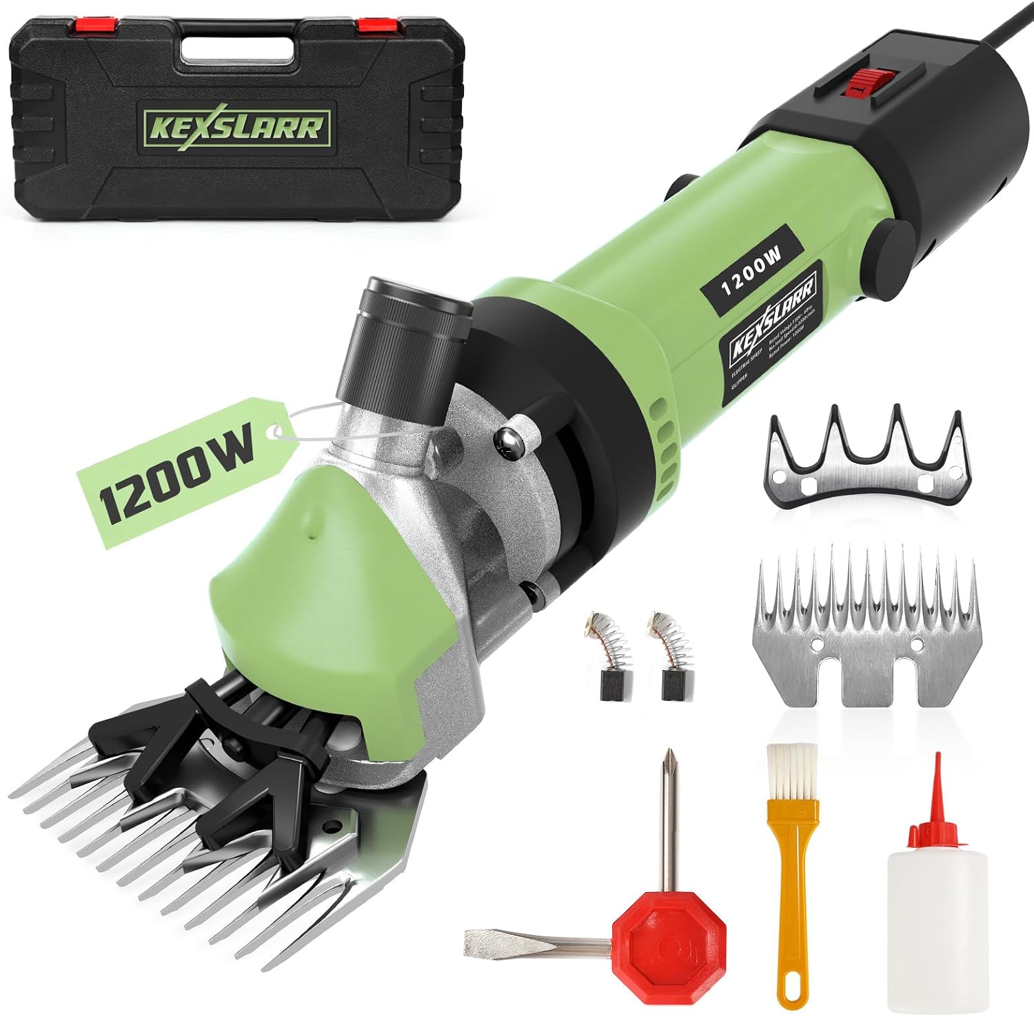 KEXSLARR 1200W Esquiladora Ovejas Profesional, Maquina Esquilar Ovejas 6 Velocidades 3200 RPM, Incluye Manual Español y Kit Completo con Maletín, Cortapelos Eléctrico para Cabras Alpacas (verde)