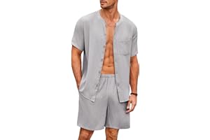 Ekouaer Herren Schlafanzug Kurz Pyjama Baumwolle Kurzarm T-Shirt Pyjamahose Zweiteilig Set Knopfleiste, S-XXL