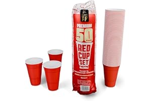 The Party XP Premium 50 Plastic Red Cup Set (16oz) – Reusable American Style Red Party Cups for All Occasions and Business – Red Plastic Cups for BBQs, Weddings, Picnics, and Events
