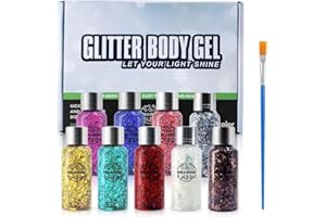 VIOLA HOUSE 9pcs Body Glitter Gel, Glitter per il Corpo per Ombretto, Cosmetici, Corpo, Viso, Capelli, Unghie, 9Pcs di Gel Glitter + 1 Pennello.