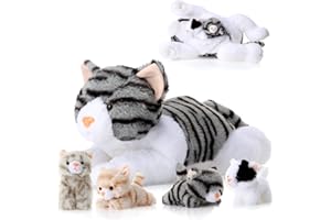 Skylety Set di 5 Peluche Gatti Include 1 Grande Gatto Farcito Morbido con 4 Simpatici Gattini Soffici nella Pancia Peluche Mamma Gatto con Cuccioli Regali per Compleanno (Grigio)