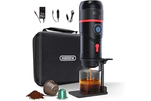 HiBREW H4- Macchinetta Caffe Portatile,Macchina per Caffè Espresso a Capsule, Compatibile con Capsule Orignal Nespresso Dolce Gusto polvere di caffè DC12V,60ml,60W (Premium,Nero)