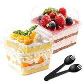 Jogoico Plastic Dessert Cups with Lids and Spoons 50 Pieces 240 ml | Reusable Dessert Cups Cups Square Dessert Bowls with Spo