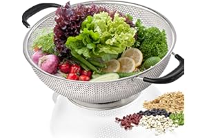 HIFFION Scolapasta in acciaio inox 18/8 da 5 litri, con manico in silicone, facile da impugnare, filtro micro-perforato, resistente e autodrenante, base ad anello, senza BPA, lavabile in lavastoviglie, nero