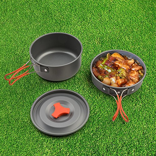 Camping Kochgeschirr-Set Outdoor Geschirr- ODOLAND 8-teiliges Topf und Pfanne aus leichten Aluminium und Edelstahl-faltbare Löffel und Gabel Topf-Pfannenset für 1-2 Personen zum Camping Outdoor Wandern Picknick BBQ - 5