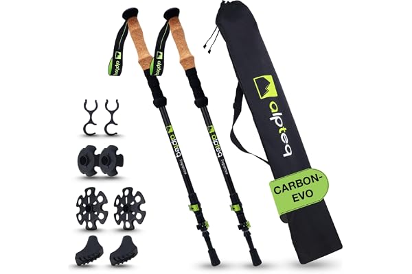 Alpteq® Bâtons de randonnée télescopiques en Carbone - Bâtons de Trekking Ultra légers en Fibre de Carbone et Aluminium pour Femmes, Hommes et Enfants - Réglable de 65 à 135 cm - Bâtons de Marche