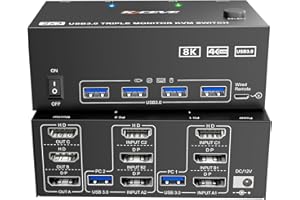 8K@60Hz 4K@144Hz HDMI Displayport Triple Monitore KVM Switch 2 PC 3 Monitore teilen 4 USB 3.0-Anschlüsse, 12-V-Netzteil, kabelgebundene Fernbedienung und USB-Kabel im Lieferumfang enthalten