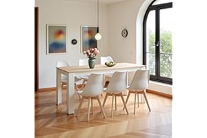 FURNITABLE Esstisch mit 6 Stühlen Esszimmergruppe, Esszimmerstühle und Rechteckig Küchentisch Essgruppe Sitzgruppe für Wohnzimmer Küche Büro(160cm Eiche-Weiß Tischbein Tisch+6 Weiß Stühle)