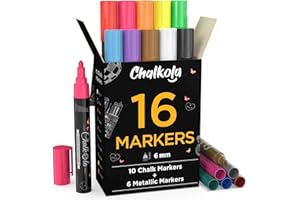 CHALKOLA Liquid Chalk Pens & Metallic Colors - Pack of 16 Chalk Markers - for Chalkboard, Blackboards, Window, Glass, Bistro | 6mm Reversible Bullet & Chisel Tip Erasable Ink