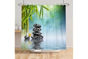 SDOTPMT 180x180cm Stazione termale Giapponese Tema Tenda doccia Verde Bambù Foglie Orchidea Basalto Pietre Tenda da bagno Zen Meditazione Tenda da vasca per Bagno con ganci