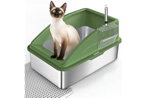 FURTIME Kuweta dla kota ze stali nierdzewnej XXL, ze stali nierdzewnej, duża pojemność, 28 l, zabezpieczona przed rozlaniem, z metalową szufelką do żwirku dla kota, 60 x 40 x 31 cm (zielona)