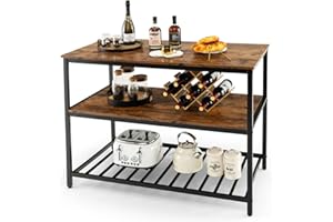 COSTWAY 3-Tier Baker Rack, Stationary Kitchen Island with Large Countertop, 2 Open Shelf & Adjustable Foot Pads, Metal Frame Industrial Kitchen Shelf, Easy Assembly, 120 x 60 x 90cm