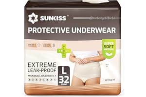 SUNKISS Pieluchy dla dorosłych i kobiet, jednorazowe pieluchy po porodzie dla dorosłych, spodnie dla kobiet o maksymalnej chłonności, beżowe, rozmiar L, 32 sztuki, 1 opakowanie