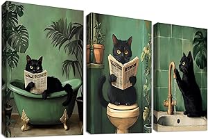 HALFLEMART 3Pcs Stampa su tela Con Cornice Divertente Gatto Nero Pittura Verdi Gatto Gattino che Legge il Giornale sul Water Quadri su tela Quadri Moderni Bagno Vasca da Bagno WC Decorazioni Murale 30x40cm x3