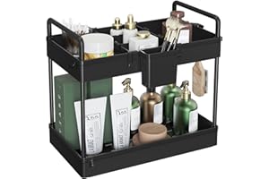 SOLEJAZZ Almacenamiento debajo del fregadero de 2 niveles, organizador de encimera de baño, soporte cosmético, bandeja de baño con divisores, 34 x 22 x 39 cm, negro
