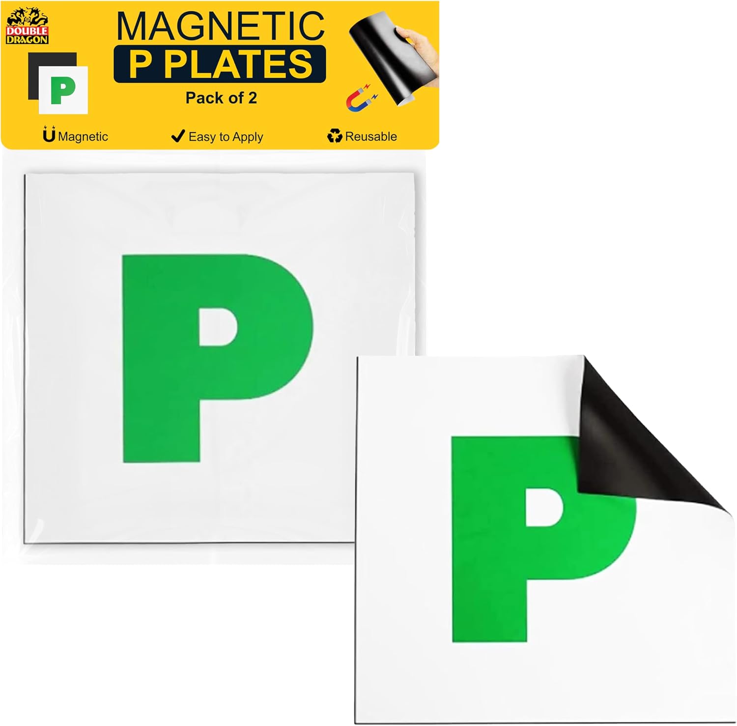 Double Dragon 2-Pack Fully Magnetic Green P Plates for New Drivers | DVLA Legal 178x178mm UK Road Signs | Extra-Strong 1.25mm Rubber Magnet, Glossy PVC Finish | Durable, Scratch-Free, Wind Resistant