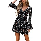 Zukmuk Vestito Corto Stampa Floreale Donna Abito Corto a Pois Scollo a V Sexy Abito Manica Lunga a Trapezio con Cintura Abito