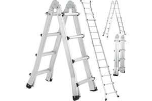 ‎TLGREEN TLGREEN Alu Teleskopleiter 4x3 Stufen, 3.98M Ausziehbare Leiter, Aluminium Multifunktionsleiter, Gelenkleiter, Klappleiter, Treppenleiter, Anlegeleiter, Bockleiter, Mehrzweckleiter bis 150 kg