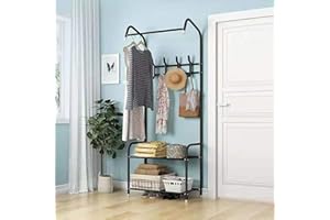 NAIMP Metal Hat and Coat Rack with 4 Hooks, 163cm Tall Clothes Rail Garment Dress Hanging Rail Clothes Rack 2 Tier Shoe Rack Storage Stand Free Standing (Black)