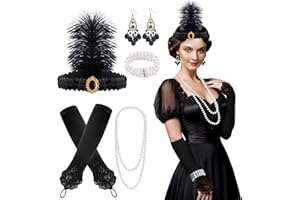FEPITO 1920er Jahre Zubehör Set Flapper Stirnband Halskette Ohrringe Lange Schwarze Handschuhe Boa Zigarettenspitze Great Gatsby Thema Party Zubehör für Fraue