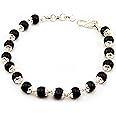 Njels 925 Silver Karungali Bracelet for Men and Women | Natural Karungali Beads 7.00 MM Size with Silver Capping | Ebony Wood Beads Bracelet in Silver | Including Length Extension Chain