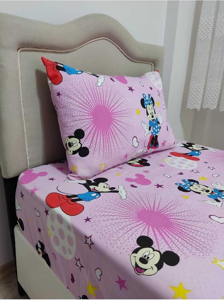 Ezgi Tek Kişilik Ara Beden (120X200) Ranforce Lastikli Çarşaf Takımı Pembe Mickey Mouse, 120tek