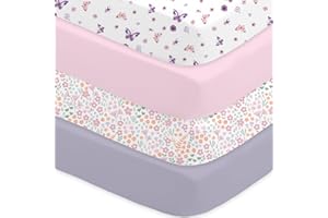 Little Grape Land Spannbettlaken 70x140cm, 4er Set für Babybett & Kinderbett, Weiche Mikrofaser, Atmungsaktiv & Oeko-TEX Zertifiziert, Waschbar, Blumen/Hellrosa/Schmetterling/Grauviolett