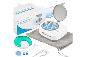 Mxmoonant Limpiador Ultrasónico de Dentaduras Postizas, Inalámbrico, 2000mAh Recargable, 50kHz, 80ml, 360g, 18W, 5V2A, con Funda Retenedora y Mini Cepillo, para Viajes, Negocios, Oficina