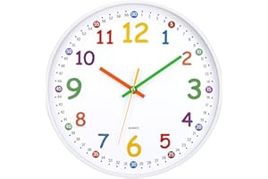 VINILITE Orologio da Parete per Bambini Orologio per la Camera da Letto, Adatto per la Scuola Quadrante Arcobaleno 30 cm (Bianco - Numeri di colore)