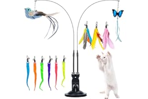 MEYDLL 14 Pièces Jouet Chat, Jouet à Plumes pour Chats, Jouets pour Chats Interieur, 2 Tiges Interactives Rétractables pour Chat Chaton, 2 Trous Ventouses Puissantes avec Oiseau