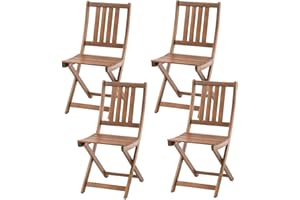 BURI Juego de 4 sillas de jardín para balcón, madera de acacia maciza y barnizada, plegables, para balcón, jardín, terraza, silla de madera dura, sin reposabrazos, marrón, pulida