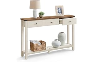 ‎VASAGLE VASAGLE Konsolentisch, Beistelltisch, schmaler Sofatisch, mit 3 Schubladen und Einer Ablage, für Flur, Wohnzimmer, Landhausstil, honigbraun-vintageweiß LNT142WJ01