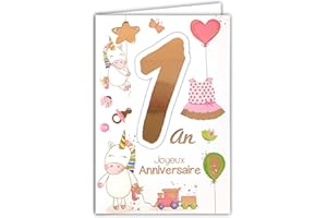 Afie 69-2101 Carte Joyeux Anniversaire 1 an Bébé Fille Licornes Cœur Ballons étoile Jouets