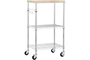 Amazon Basics 3-Ebenen Servierwagen mit Abnehmbarer Holzplatte sowie höhenverstellbaren und 2 verchromten Böden mit Einer Gesamt-Tragkraft von 79.5 kg, 53 x 38 x 92 cm, Holz/Chrom