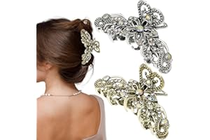 PAOTXPUM 2 PCS Vintage Rhinestone Hair Claw Clips - Shiny Metal Antique Silver Plated Retro Flower Non Slip Hair Jaw Clips for Women & Girls