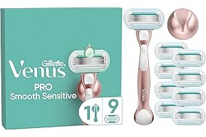 ‎GILLETTE VENUS Gillette Venus Pro Smooth Sensitive Damenrasierer für empfindliche Haut, 9 Ersatzklingen, langlebiges Metallhandstück und Duschhalterung