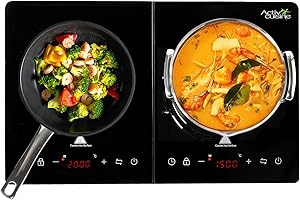 ACTIV CUISINE Induktionskochfeld 2 platten, Doppel-induktionskochplatte mit unabhängiger Steuerung 3500W, 10 Leistungs- und Temperatureinstellungen, 3-Stunden Timer, Touch-Steuerung, mit Glasoberfläche, Schwarz