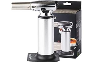 Mastrad – Chalumeau de Cuisine Professionnel – Flamme Puissante et Réglable – Mode Continu & Socle Amovible – Jusqu’à 45 min d’Utilisation – Rechargeable au Gaz à Briquet – Corps Inox & Aluminium