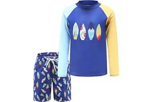 AISYEE Boys Swimming Costume Two Piece Swimsuit Set with Swimming Trunks Kids Long Sleeve Bathing Suit Swimwear