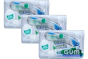 GUM TRAVEL Kit de Higiene Bucal de Viaje/Contiene 1 cepillo de dientes, 1 pasta de dientes, 1 hilo dental, 2 palillos interdentales de goma, tamaño de viaje/Con estuche transparente / 3 kits