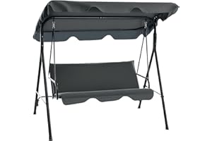 ‎OUTSUNNY Outsunny Hollywoodschaukel mit Sitzpolster, 3-Sitzer Gartenschaukel mit verstellbarem Sonnendach, Schaukelbank belast bis 240 kg, für Garten, Terrasse, 172 x 110 x 153 cm, Grau