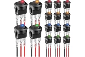 MKBKLLJY 16Pcs illuminated Round Rocker Switch DC 20A 12V SPST Lighted ON Off 3 Pin for Car Boat Truck Marine 12V Rocker Switch with Locked Terminal Wires 4Color(Red/Yellow/Blue/Green)