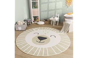 TT Home Tappeto Stanza Bambini Lavabile Leone Motivo Con Animale, Colore:Beige Marrone, Dimensione:160 cm tondo