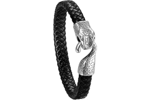 JewelryWe Gioielli Bracciali da Uomo in Acciaio Inossidabile e Corda Cuoio Testa di Serpente Colore Nero e Marrone